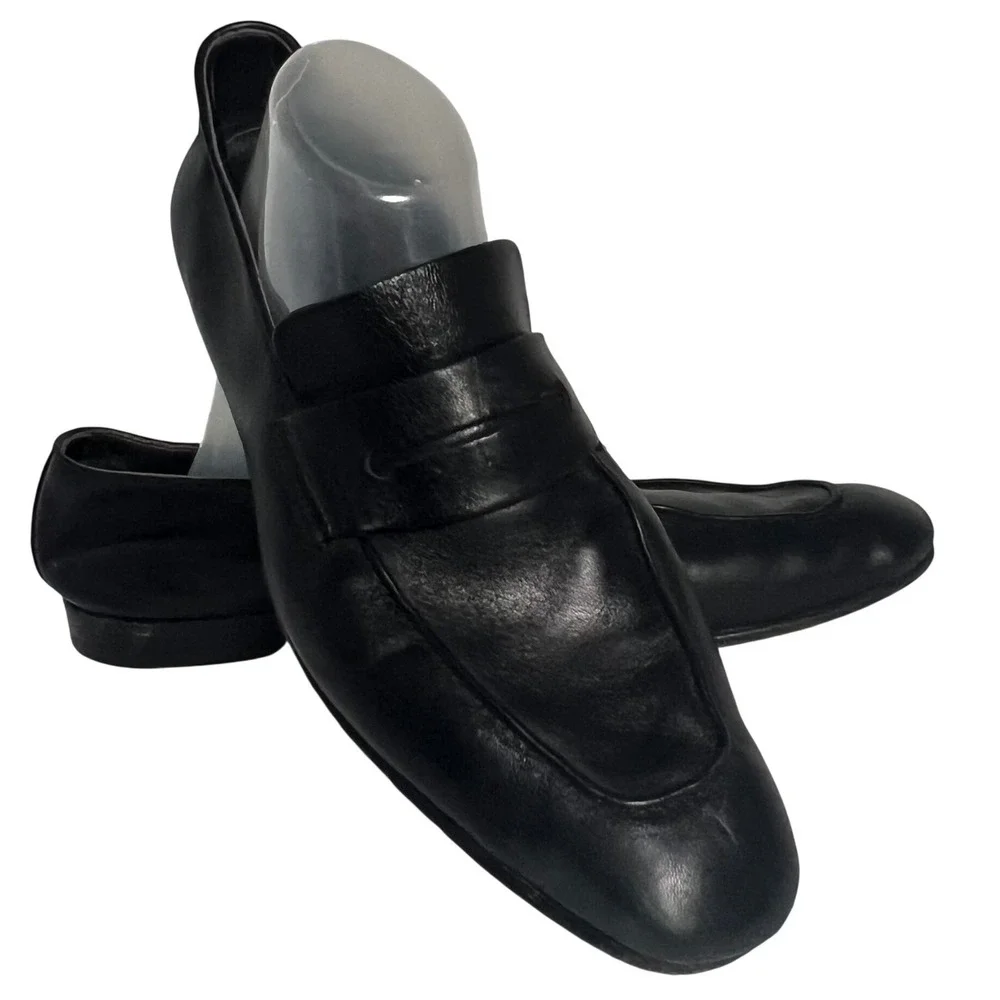 Ermenegildo Zegna L'Asola Black Leather Penny Loafers Secondskin Mens 10.5